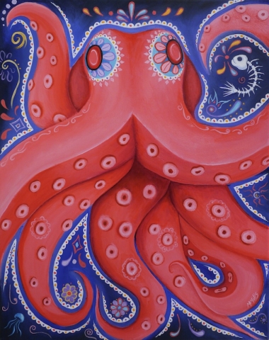 Cefalopodo de la muerte - Michael Mills - Acrylic painting of a octopus represented in a de Muerta style