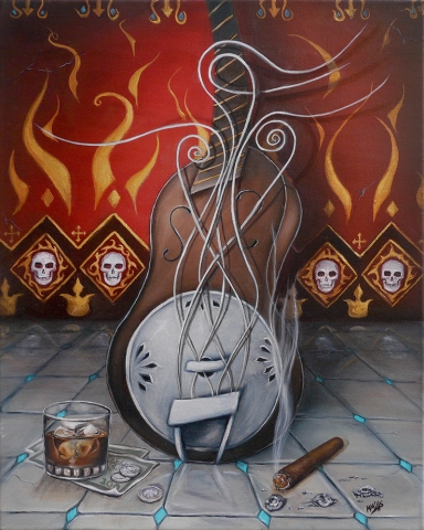 Genesis of Inspiration - Michael Mills - surrealistic Oil Painting depicting a guitar with strings flowing into the female form. represents major forms of inspiration sex, death, drugs, religion, and money