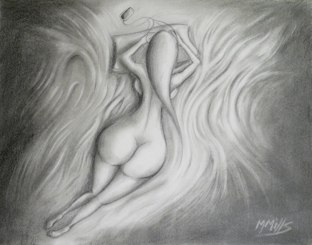 Home - Michael Mills - pencil drawing of a nude girl lying on her bed.