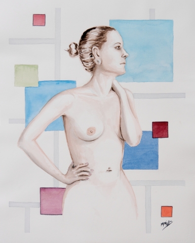 Kirra - Michael Mills - watercolor of a nude woman, with a background of geometric designs.