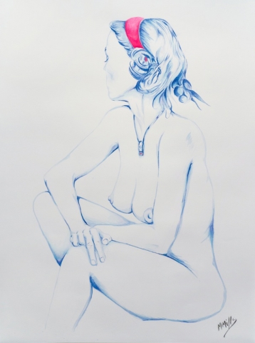 Avert - Michael Mills - Ink drawing of Nude woman averting her gaze