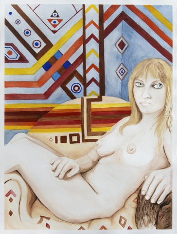 Maggie - Michael Mills - watercolor of a seated nude woman, background of Native American influenced design.