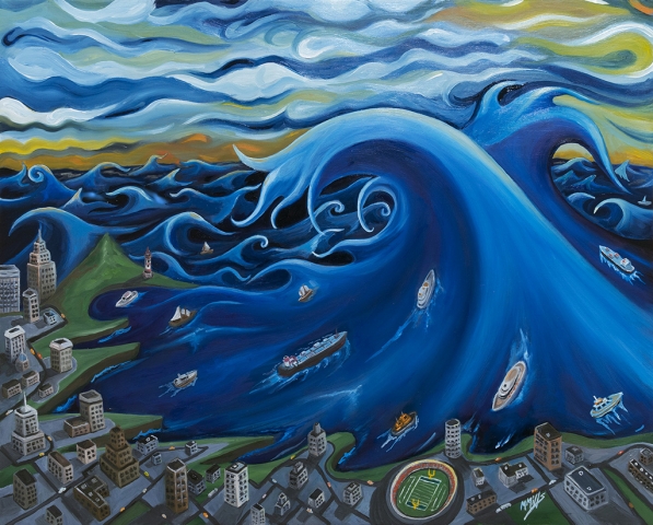 Surge - Michael Mills - surrealistic Oil painting of a giant ocean wave collapsing on a city.