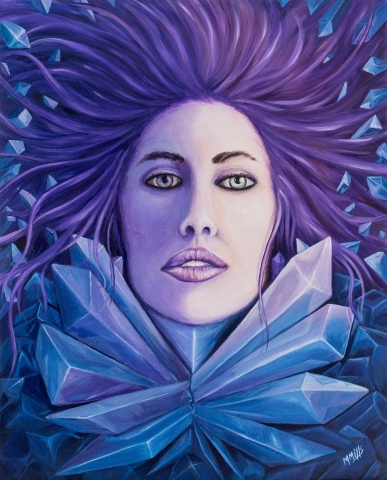 Nucleation - Michael Mills - surrealistic oil painting of a woman face being birthed from crystals
