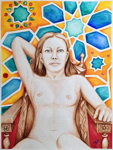 libertad en la confianza - Michael Mills - watercolor of a seated confident nude woman, background of Spanish influenced design.
