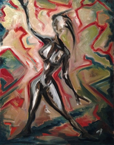 Rising - Michael Mills - abstract oil painting of woman standing among warm and cool colors