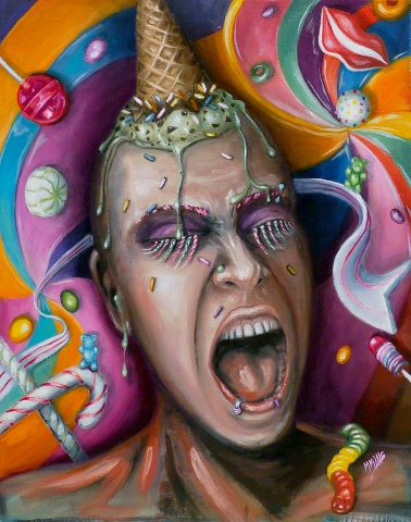 Ice Scream - Michael Mills - oil painting of bald woman with Ice cream cone on her head screaming, surrounded by candy