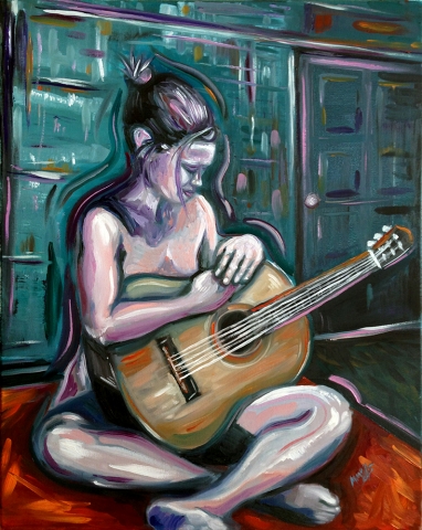 Adagio - expressionist oil painting of nude girl sitting with a classical guitar.