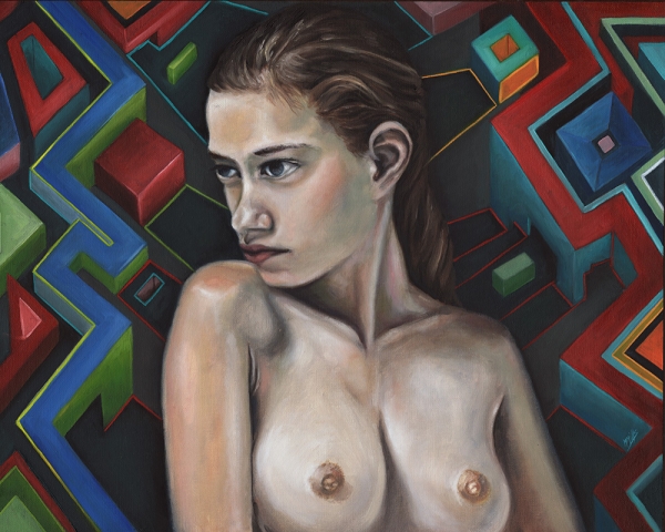 naked female contrasted against geometric background