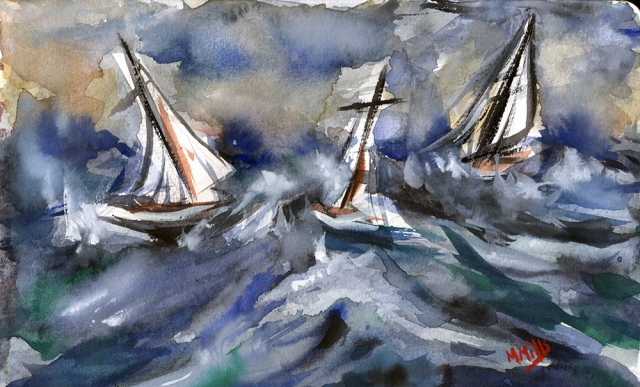 Unrelenting - Michael Mills - Watercolor of three ships in rough seas