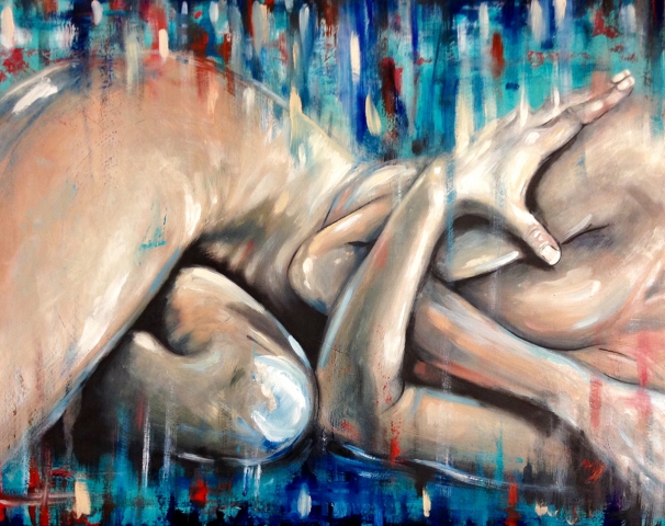 Embrace - Michael Mills - oil painting of nude female lying down with arms wrapped around herself