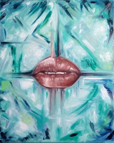 Through the Frost - Michael Mills - oil painting of warm lips on cold blue green abstracted background