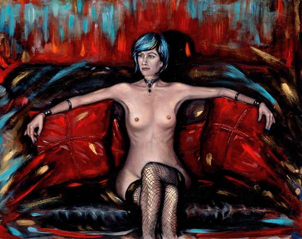 oil painting of nude woman in fetish attire sitting on a couch